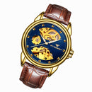 FNGEEN 8818 Men Automatic Mechanical Watch Double-Sided Hollow Watch(Leather Gold And Blue Surface)