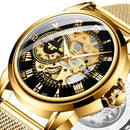 FNGEEN 0020 Men And Women Automatic Mechanical Watch Double-sided Hollow Business Watch(All Black Leather Golden Nails)