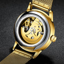 FNGEEN 0020 Men And Women Automatic Mechanical Watch Double-sided Hollow Business Watch(All Black Leather Golden Nails)