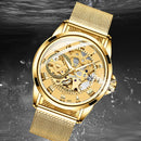FNGEEN 0020 Men And Women Automatic Mechanical Watch Double-sided Hollow Business Watch(All Black Leather Golden Nails)