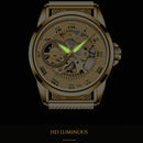 FNGEEN 0020 Men And Women Automatic Mechanical Watch Double-sided Hollow Business Watch(All Black Leather Golden Nails)