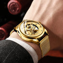 FNGEEN 0020 Men And Women Automatic Mechanical Watch Double-sided Hollow Business Watch(All Black Leather Golden Nails)