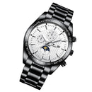 FNGEEN 5800 Men Three Eyes and Six Pins Watch Student Quartz Watch(Black Steel White Surface)