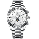 FNGEEN 5800 Men Three Eyes and Six Pins Watch Student Quartz Watch(White Steel White Surface)