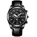 FNGEEN 5800 Men Three Eyes and Six Pins Watch Student Quartz Watch(Black Leather Black Steel Black Surface)