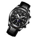 FNGEEN 5800 Men Three Eyes and Six Pins Watch Student Quartz Watch(Black Leather Black Steel Black Surface)