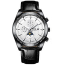 FNGEEN 5800 Men Three Eyes and Six Pins Watch Student Quartz Watch(Black Leather Black Steel White Surface)