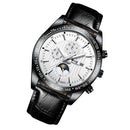 FNGEEN 5800 Men Three Eyes and Six Pins Watch Student Quartz Watch(Black Leather Black Steel White Surface)