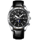 FNGEEN 5800 Men Three Eyes and Six Pins Watch Student Quartz Watch(Black Leather White Steel Black Surface)
