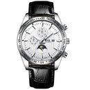 FNGEEN 5800 Men Three Eyes and Six Pins Watch Student Quartz Watch(Black Leather White Steel White Surface)