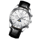 FNGEEN 5800 Men Three Eyes and Six Pins Watch Student Quartz Watch(Black Leather White Steel White Surface)