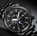 FNGEEN 5800 Men Three Eyes and Six Pins Watch Student Quartz Watch(Black Leather White Steel White Surface)