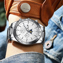 FNGEEN 5800 Men Three Eyes and Six Pins Watch Student Quartz Watch(Black Leather White Steel White Surface)
