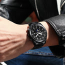 FNGEEN 5800 Men Three Eyes and Six Pins Watch Student Quartz Watch(Black Leather White Steel White Surface)