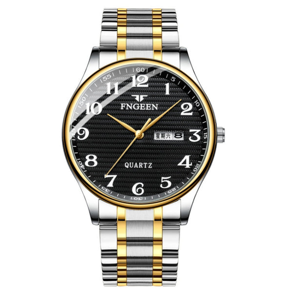 FNGEEN 7811 Middle-aged and Elderly Men Large Digital Dial Quartz Watch(Between Gold Black Surface)