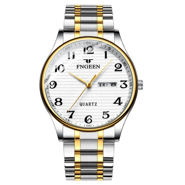 FNGEEN 7811 Middle-aged and Elderly Men Large Digital Dial Quartz Watch(Between Gold White Surface)
