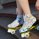Adult Children Graffiti Roller Skates Shoes Double Row Four-Wheel Roller Skates Shoes, Size: 35(Flash Wheel White)