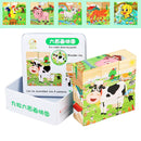 Iron Box 9 Cube Six-Sided Pattern Building Blocks Puzzle Children Early Education Wooden Toy(Farm Animals)