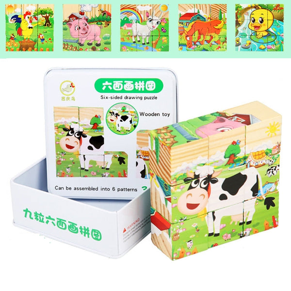 Iron Box 9 Cube Six-Sided Pattern Building Blocks Puzzle Children Early Education Wooden Toy(Farm Animals)