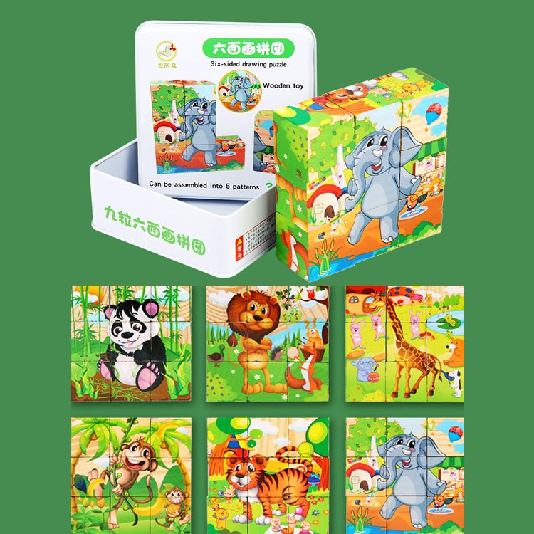 Iron Box 9 Cube Six-Sided Pattern Building Blocks Puzzle Children Early Education Wooden Toy(Forest Animals)