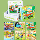 Iron Box 9 Cube Six-Sided Pattern Building Blocks Puzzle Children Early Education Wooden Toy(Transportation)