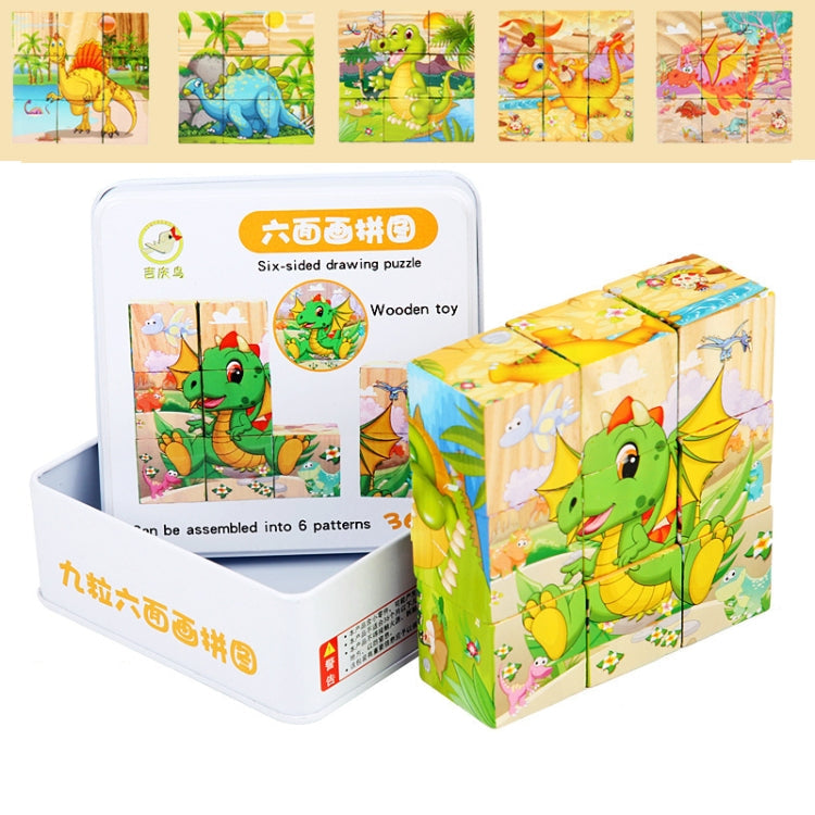 Iron Box 9 Cube Six-Sided Pattern Building Blocks Puzzle Children Early Education Wooden Toy(Dinosaur World)