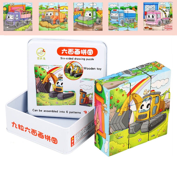 Iron Box 9 Cube Six-Sided Pattern Building Blocks Puzzle Children Early Education Wooden Toy(Excavator)