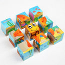 Iron Box 9 Cube Six-Sided Pattern Building Blocks Puzzle Children Early Education Wooden Toy(Dinosaur World)