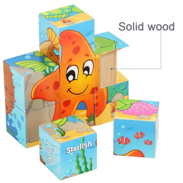 Iron Box 9 Cube Six-Sided Pattern Building Blocks Puzzle Children Early Education Wooden Toy(Excavator)