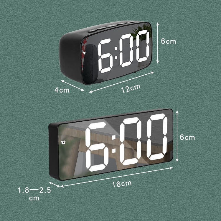 Mirror Bedside Alarm Clock Battery Plug-In Dual-Purpose LED Clock, Colour: Rectangle Black Shell (Black Surface green light)