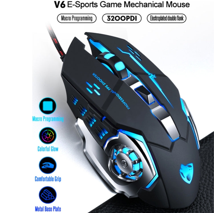 T-WOLF V6 USB Interface 6-Buttons 3200 DPI Wired Mouse Gaming Mechanical Macro Programming 7-Color Luminous Gaming Mouse, Cable Length: 1.5m(Macro Definition Silent Version Black Silver)