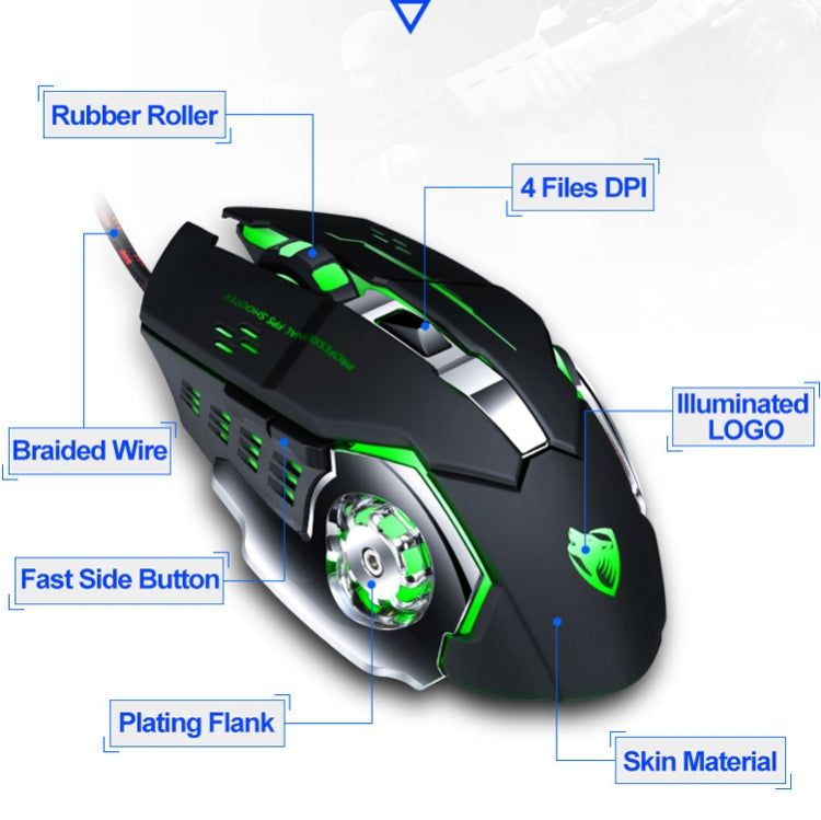 T-WOLF V6 USB Interface 6-Buttons 3200 DPI Wired Mouse Gaming Mechanical Macro Programming 7-Color Luminous Gaming Mouse, Cable Length: 1.5m(Macro Definition Silent Version White)
