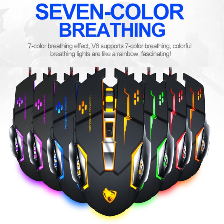 T-WOLF V6 USB Interface 6-Buttons 3200 DPI Wired Mouse Gaming Mechanical Macro Programming 7-Color Luminous Gaming Mouse, Cable Length: 1.5m(Macro Definition Silent Version Black Silver)