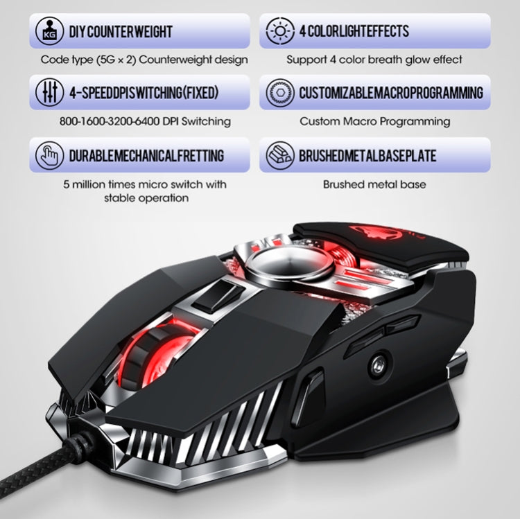 T-WOLF V10 USB Interface 7 Buttons 6400 DPI Gaming Wired Mouse Custom Macro Programming 4-Color Breathing Light Gaming Mouse, Cable Length: 1.5m(Black)