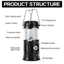 LED Tent Light Solar Rechargeable Camping Light Stretchable Multifunctional Lantern, Support USB Output,EU Plug(Black)