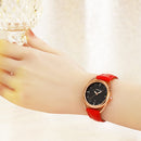 YAZOLE Ladies Luminous Quartz Watch(538 Gold Shell Blue Tray Red Belt)