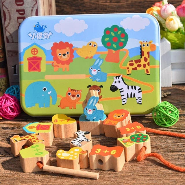 Wooden Toys Baby DIY Toy Cartoon Fruit Animal Stringing Threading Wooden Beads Toy(Animal)