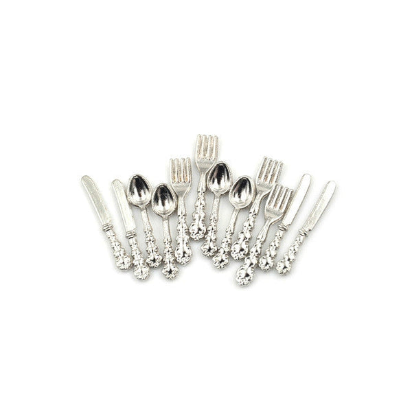 12 PCS / Set Simulation Kitchen Food Furniture Toys Dollhouse Miniature Accessories 1:12 Fork Knife Soup Spoon Tableware(Silver)