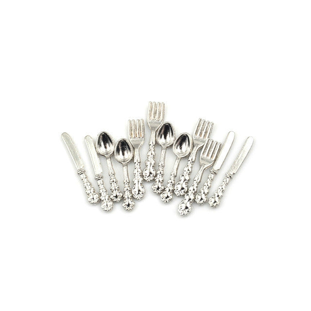 12 PCS / Set Simulation Kitchen Food Furniture Toys Dollhouse Miniature Accessories 1:12 Fork Knife Soup Spoon Tableware(Silver)