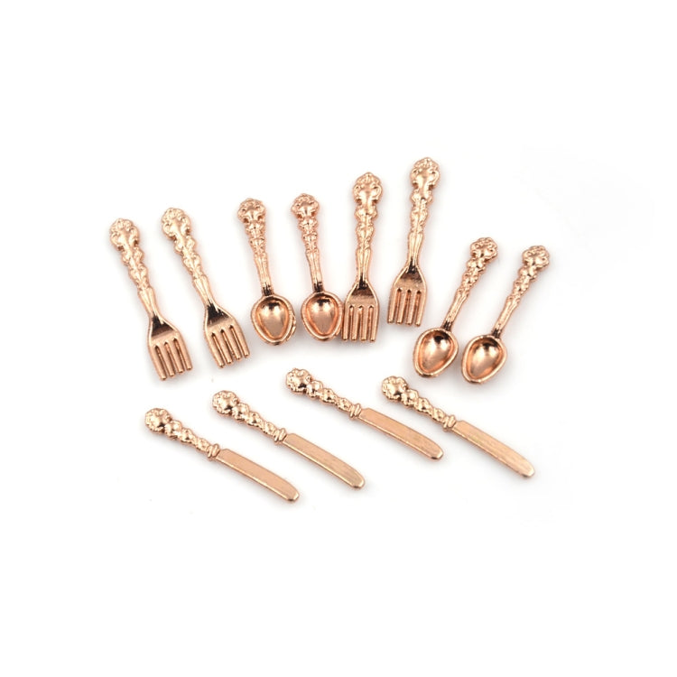 12 PCS / Set Simulation Kitchen Food Furniture Toys Dollhouse Miniature Accessories 1:12 Fork Knife Soup Spoon Tableware(Rose Gold)