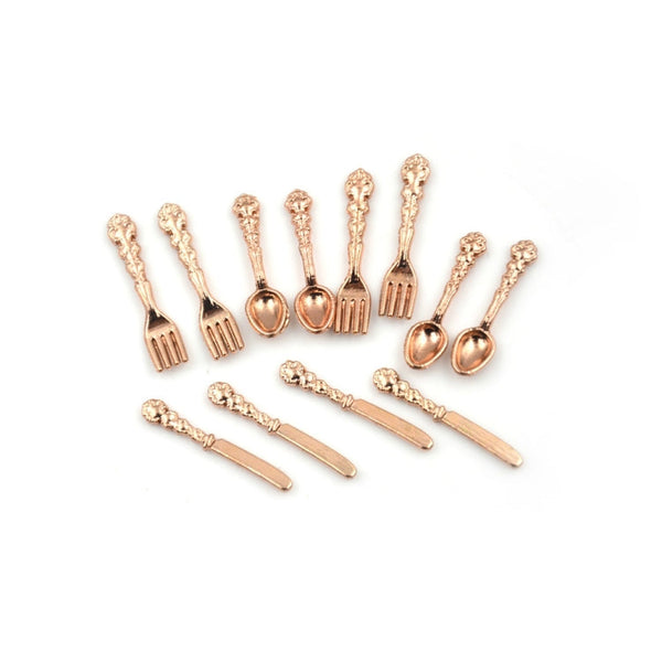 12 PCS / Set Simulation Kitchen Food Furniture Toys Dollhouse Miniature Accessories 1:12 Fork Knife Soup Spoon Tableware(Rose Gold)