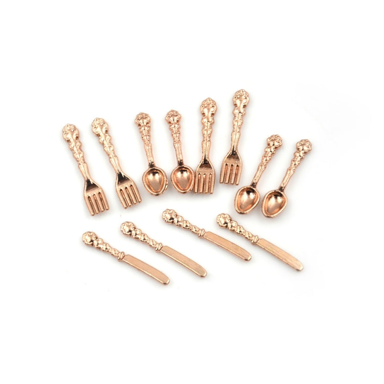 12 PCS / Set Simulation Kitchen Food Furniture Toys Dollhouse Miniature Accessories 1:12 Fork Knife Soup Spoon Tableware(Rose Gold)