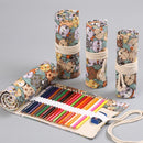 2 PCS 48 Holes Cotton Canvas Large Capacity Pen Curtain Big Face Cute Cat Cartoon Color Pencil Bag