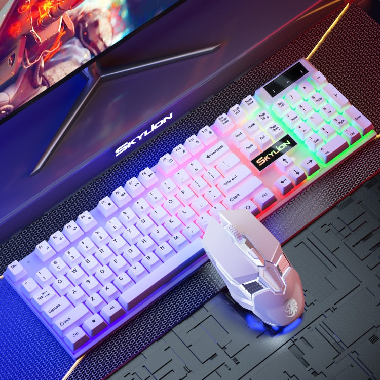 Skylion H600 1600dpi 104-Keys Wired Luminous Keyboard Manipulator Gaming Keyboard, Colour: Mouse And Keyboard (White Rainbow)