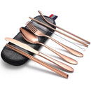 7 in 1 Cutlery Spoon Chopsticks And Straw Set Stainless Steel Portable Cutlery Set, Specification: Rose + Deep Bag