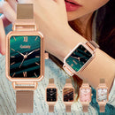 GAIETY G690 Retractable Magnet Buckle Ladies Mesh Belt Small Square Dial Bracelet Watch(Rose Gold White Dial + H138)