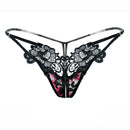 Women Openwork Embroidered Low Waist Open Thong Panties(Black)