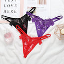 Women Openwork Embroidered Low Waist Open Thong Panties(Pink)