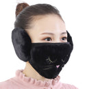 2 PCS 2 in 1 Autumn Winter Ladies Embroidery Faux Rabbit Fur Warm Mask Earmuffs(Cat Black)