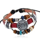 3 PCS BX016 Retro Personality Leather Beaded Bracelet(Red Leather++Ancient Silver Accessories)